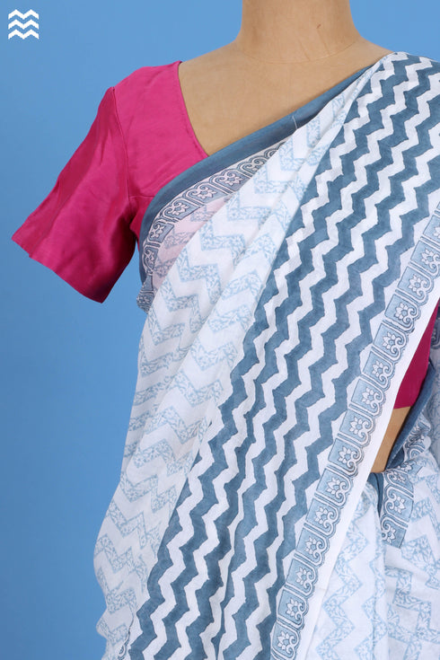 Mulmul Cotton Saree With Fall In Graphic Block Print